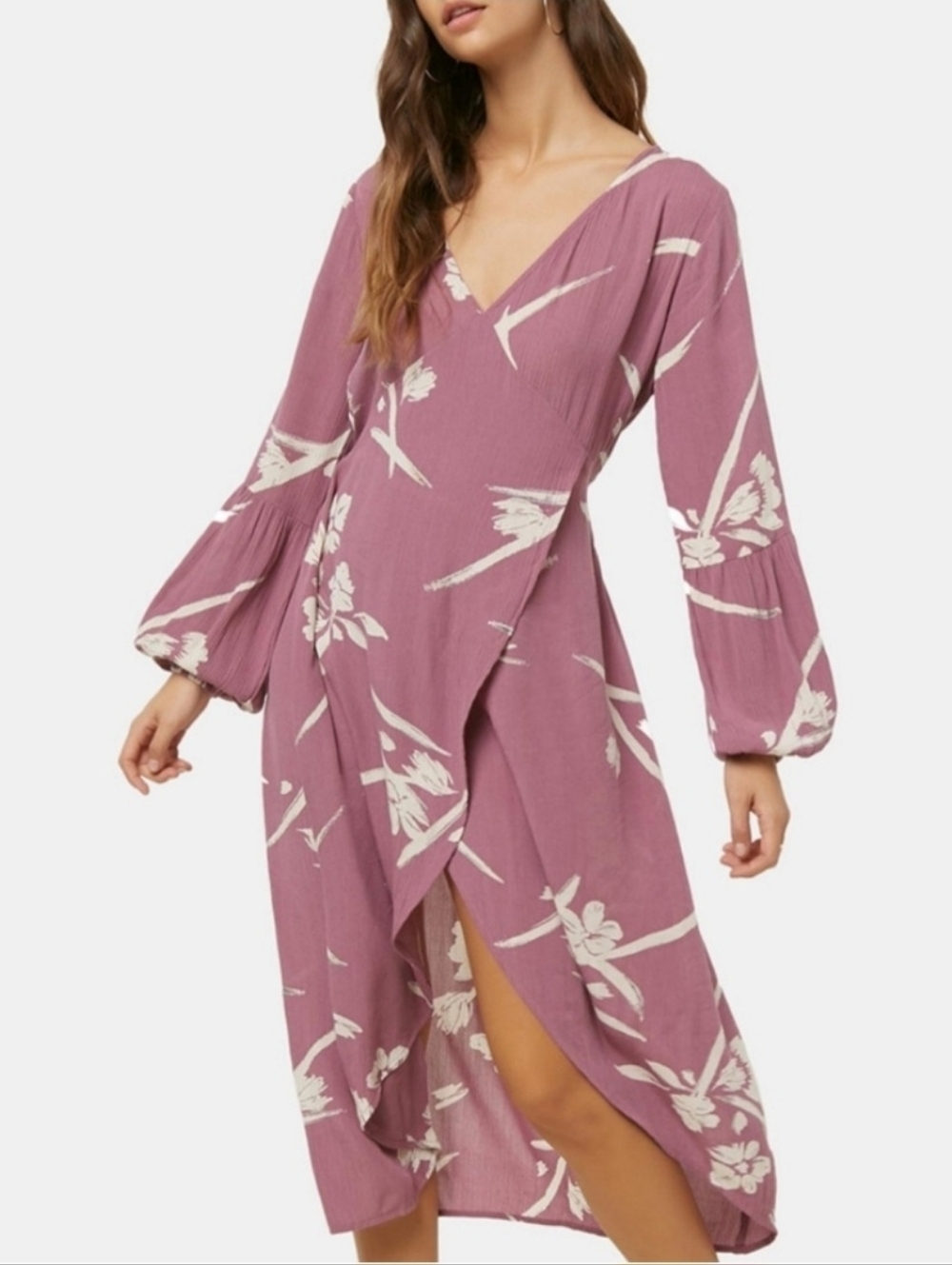 O'Neill Women's Talina Mauve Floral Asymmetrical V-neck Midi Dress Small Beachy